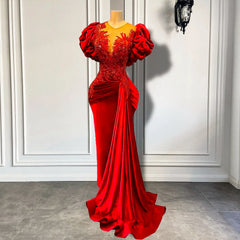 Red Velvet Short Sleeve Evening Dress