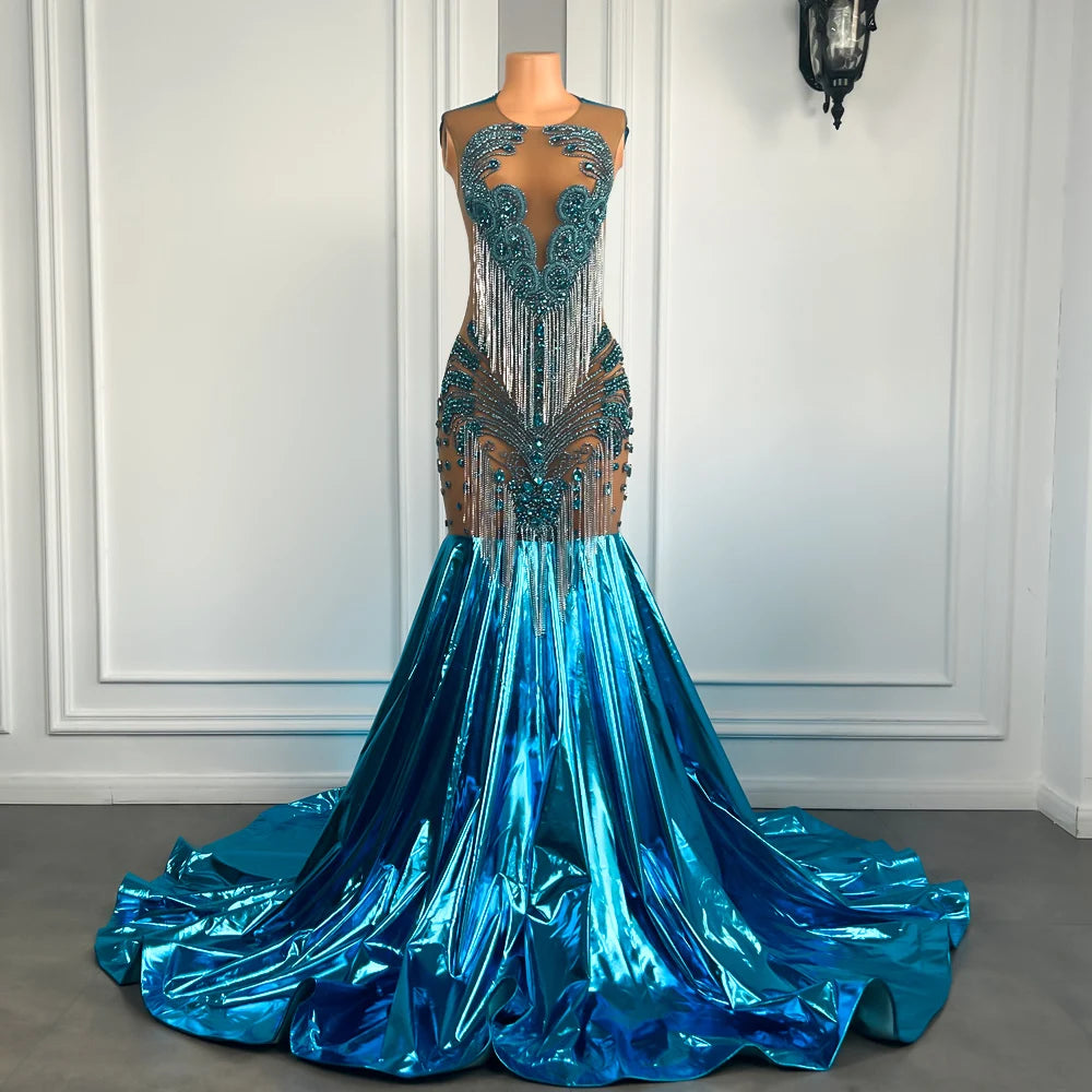 Elegant Sheer Beaded Tassel Mermaid Prom Dress