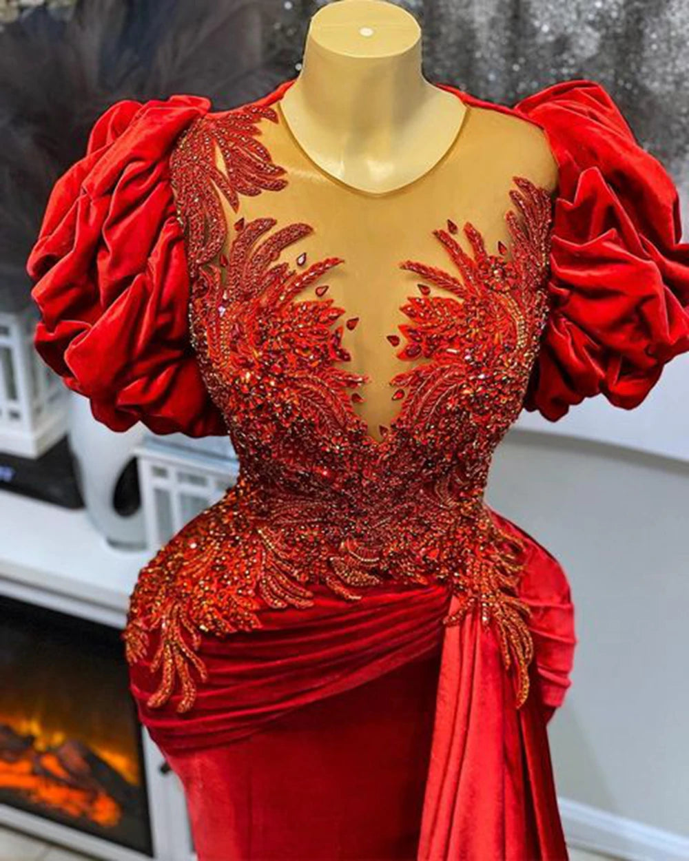 Red Velvet Short Sleeve Evening Dress