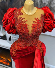Red Velvet Short Sleeve Evening Dress
