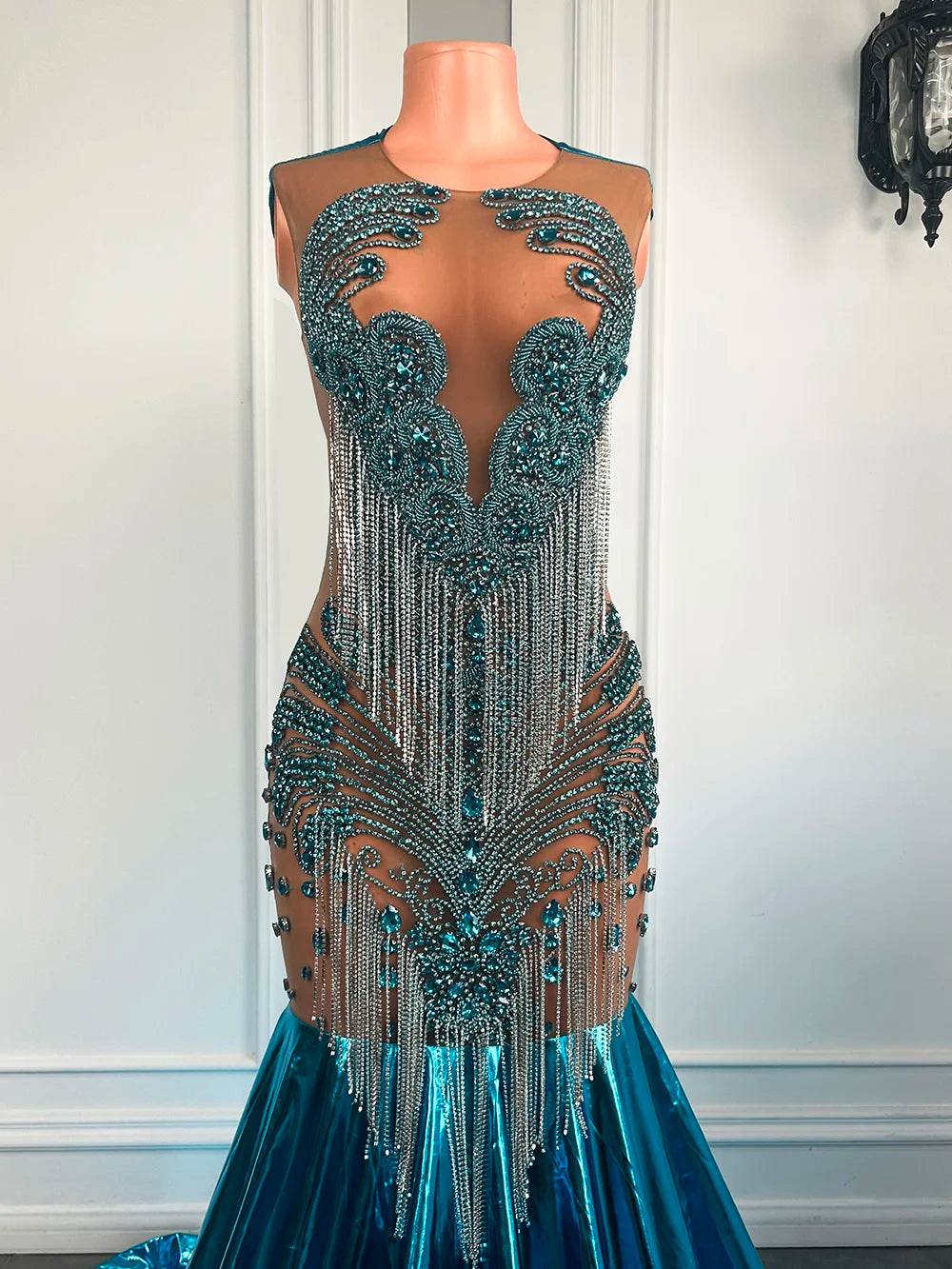 Elegant Sheer Beaded Tassel Mermaid Prom Dress