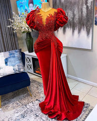 Red Velvet Short Sleeve Evening Dress