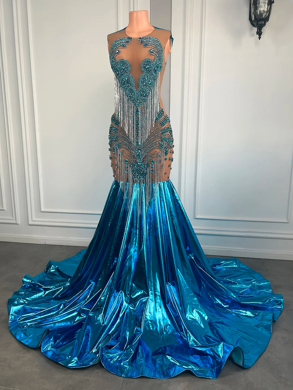 Elegant Sheer Beaded Tassel Mermaid Prom Dress