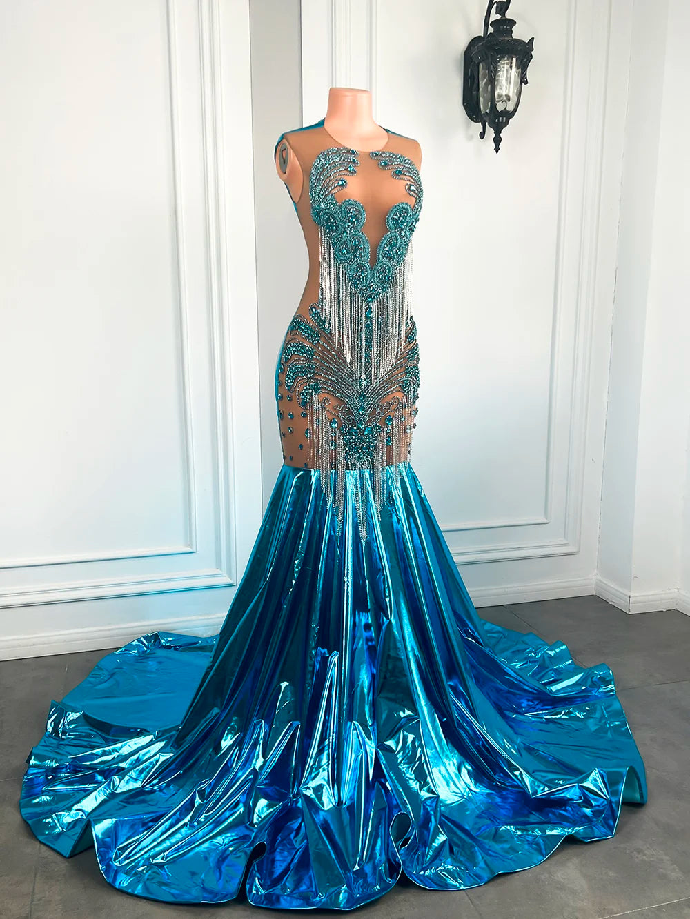 Elegant Sheer Beaded Tassel Mermaid Prom Dress