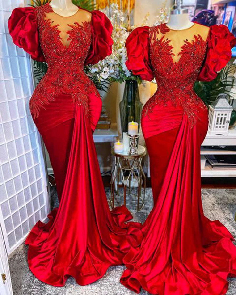 Red Velvet Short Sleeve Evening Dress