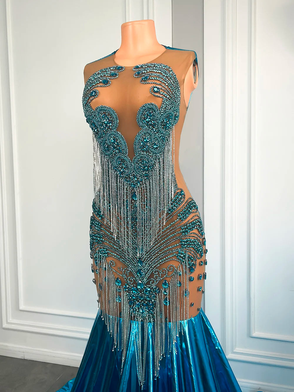 Elegant Sheer Beaded Tassel Mermaid Prom Dress
