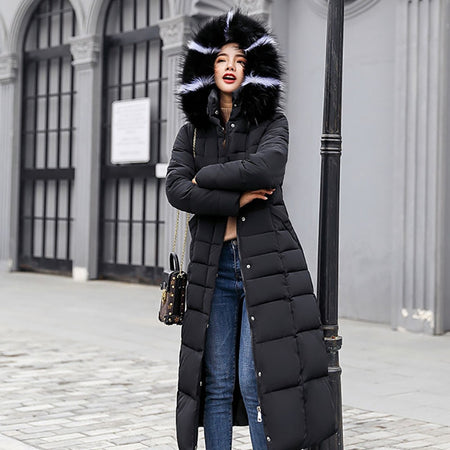 Ankle Length Down Coat For Women W/ Two Toned Fur Collar