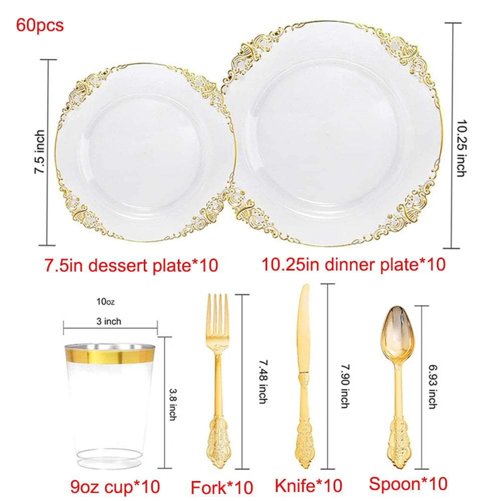 60 Piece - Clear Gold Plastic Dinner Table Set