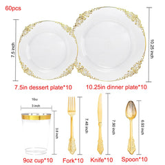 60 Piece - Clear Gold Plastic Dinner Table Set