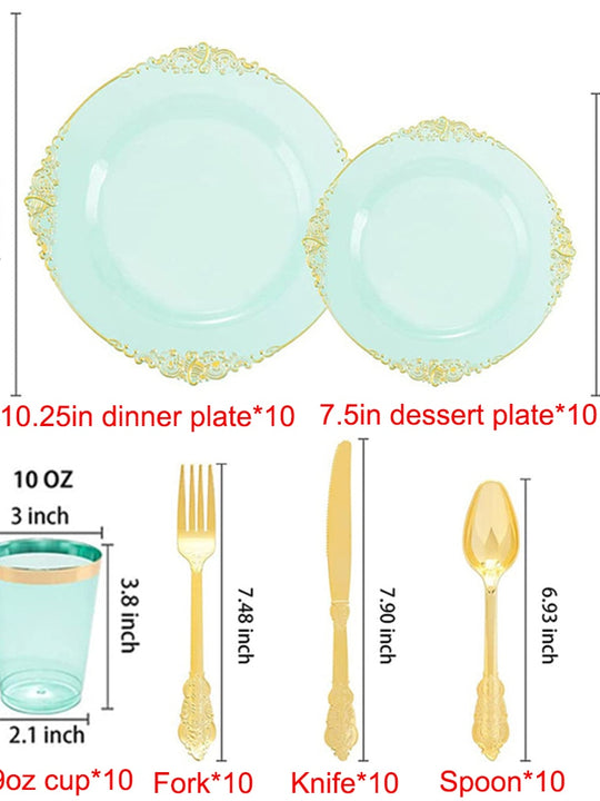 60 Piece - Clear Gold Plastic Dinner Table Set