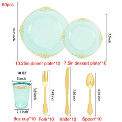 60 Piece - Clear Gold Plastic Dinner Table Set