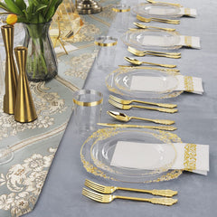 60 Piece - Clear Gold Plastic Dinner Table Set