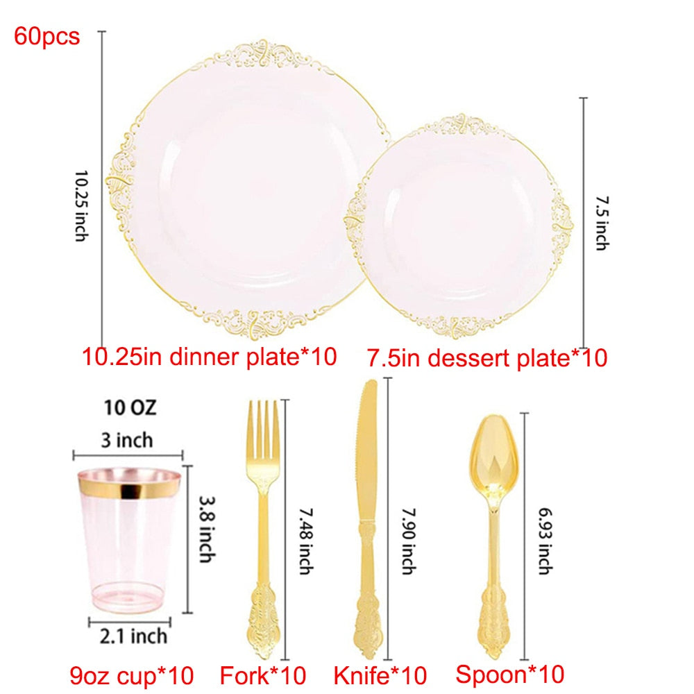 60 Piece - Clear Gold Plastic Dinner Table Set