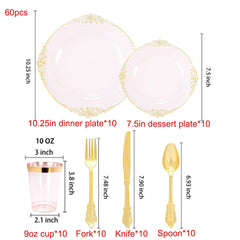 60 Piece - Clear Gold Plastic Dinner Table Set