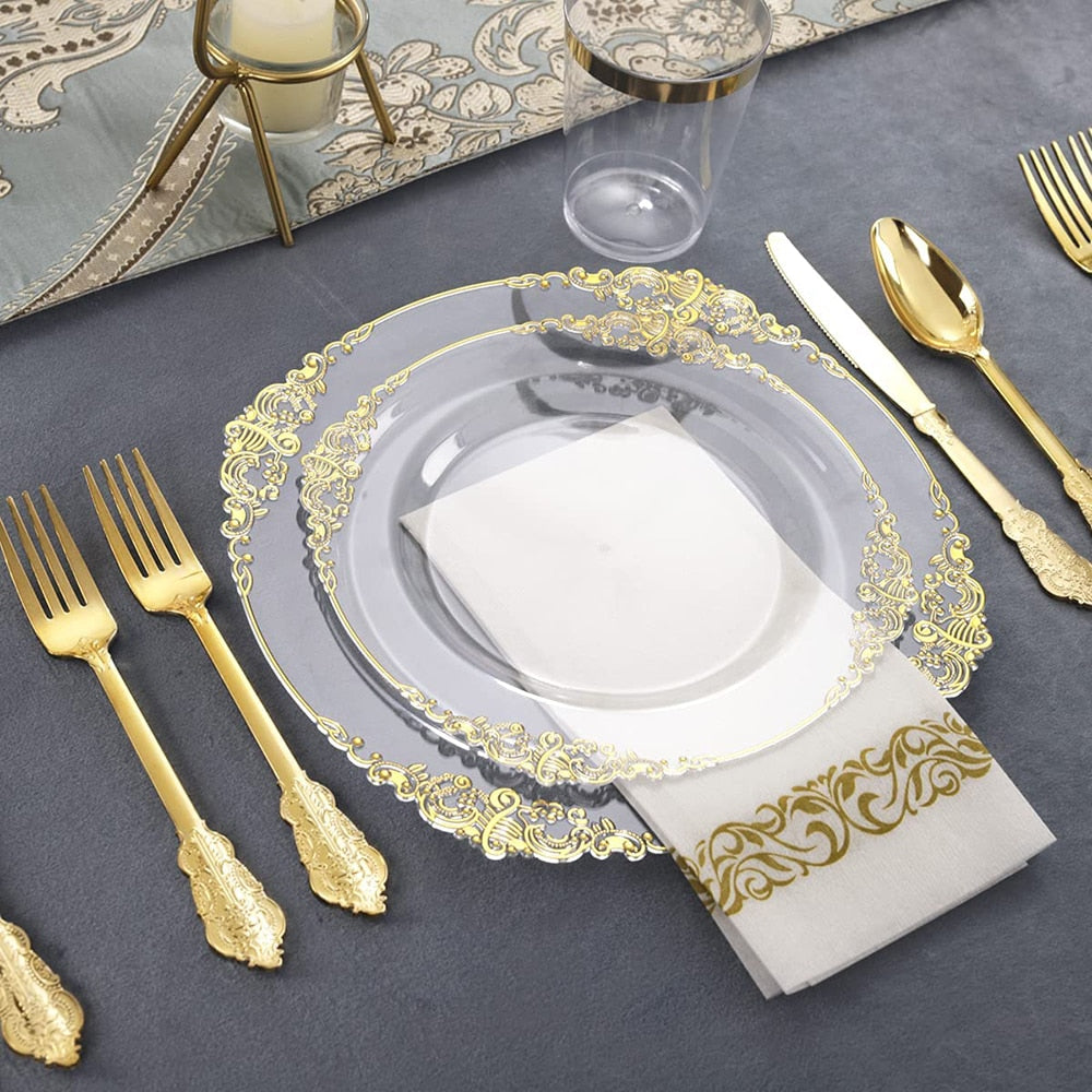 60 Piece - Clear Gold Plastic Dinner Table Set