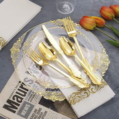 60 Piece - Clear Gold Plastic Dinner Table Set