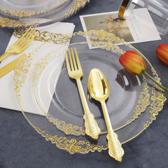 60 Piece - Clear Gold Plastic Dinner Table Set