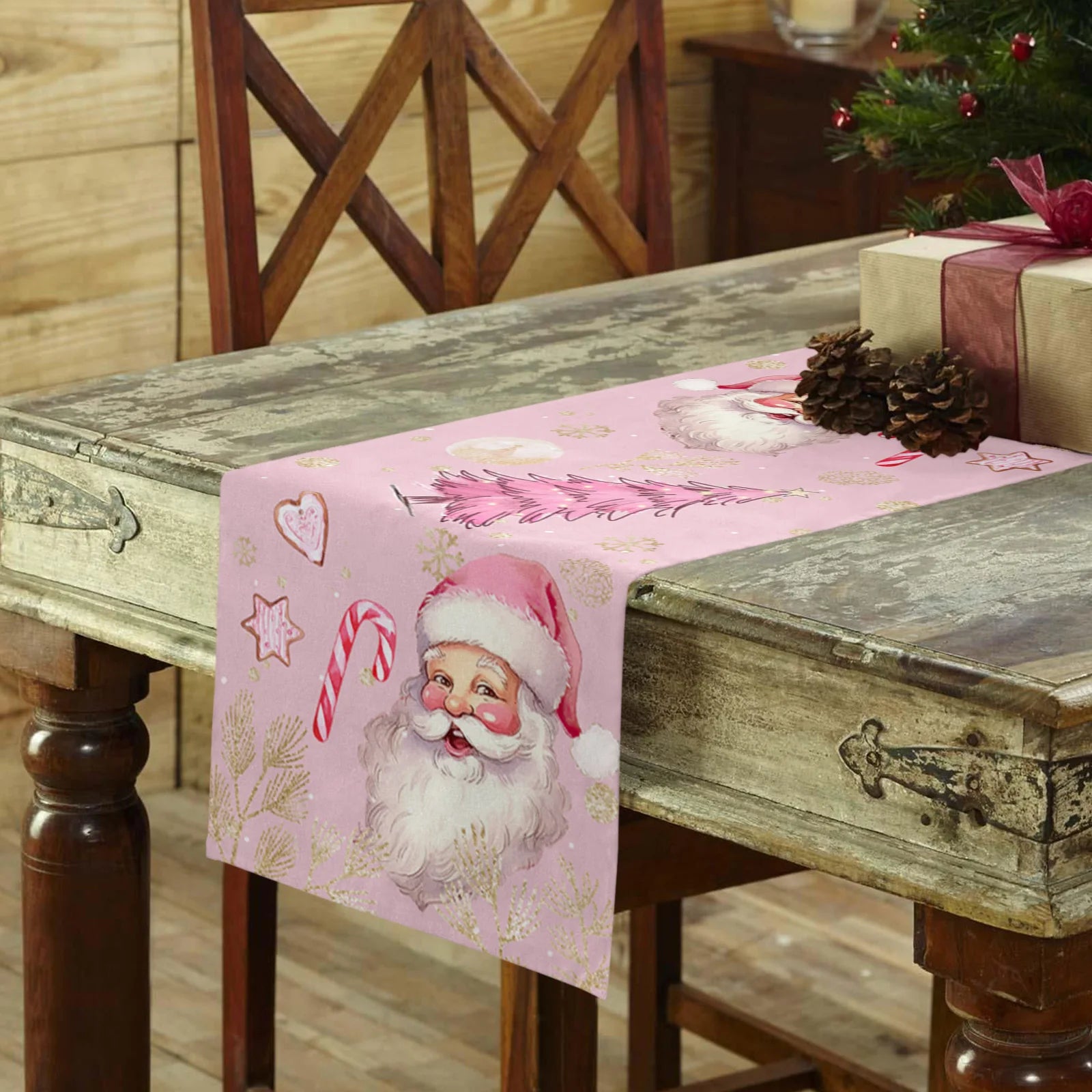 Pink Santa Claus Snowflake Table Runner