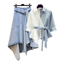 2 Piece Two-Toned Denim Skirt Set For Women