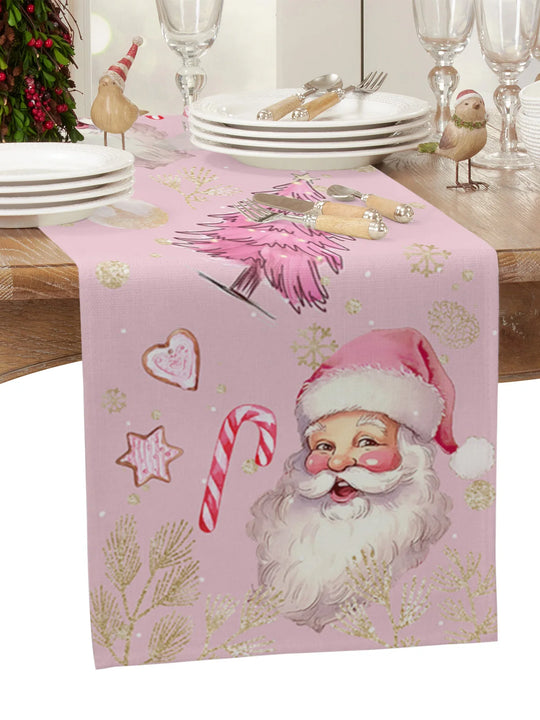 Pink Santa Claus Snowflake Table Runner