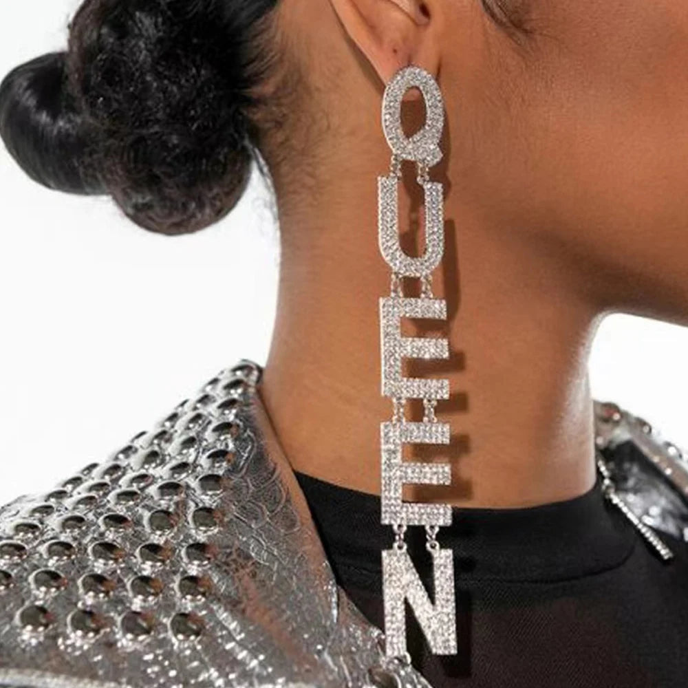 "Queen" Rhinestone Earring's Long Letters