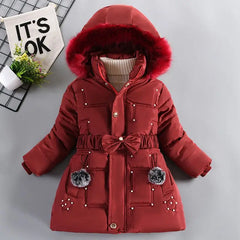 Plush Collar Winter Jacket For Girl's