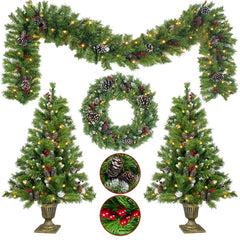 (4Pcs) Pre-lit Christmas Tree Comes With Garland, Wreath and 2 Small Christmas Trees with LED Lights