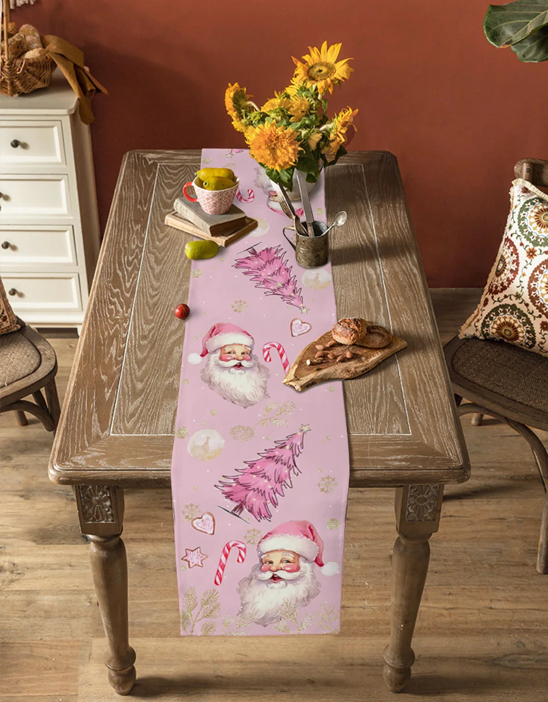 Pink Santa Claus Snowflake Table Runner