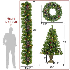 (4Pcs) Pre-lit Christmas Tree Comes With Garland, Wreath and 2 Small Christmas Trees with LED Lights