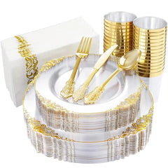 60 Piece - Clear Gold Plastic Dinner Table Set