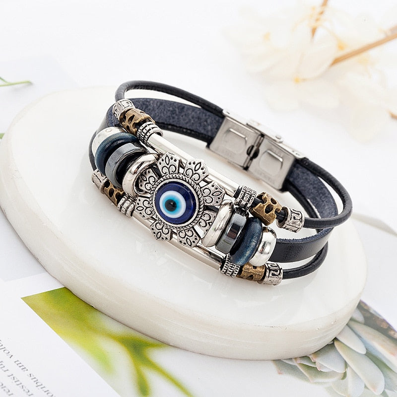 Vintage Evil Eye Leather And Stainless Steel Leather Bracelet