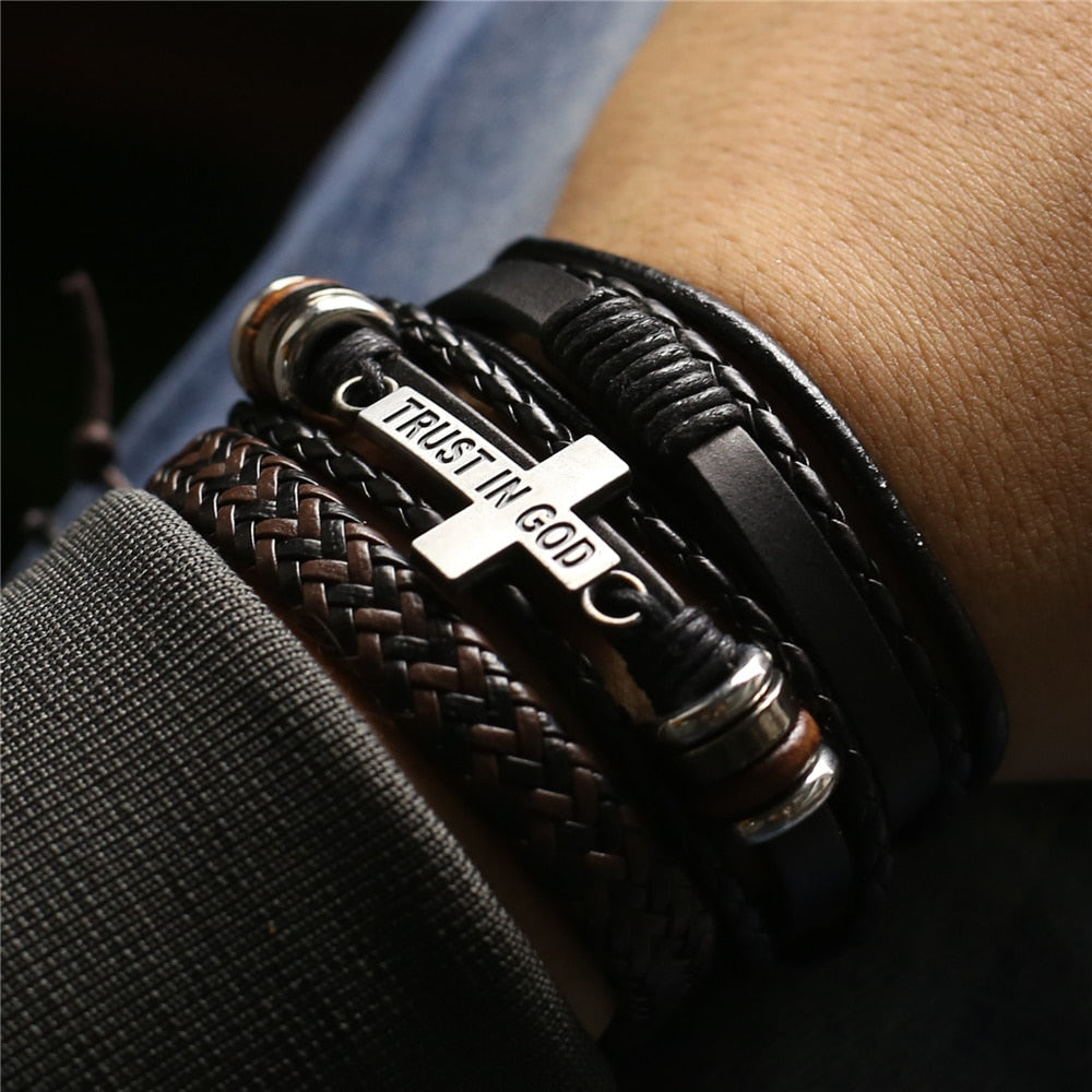 TRUST IN GOD 3 Pc Leather Bracelet Set