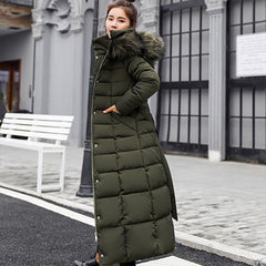 Ankle Length Down Coat For Women W/ Two Toned Fur Collar