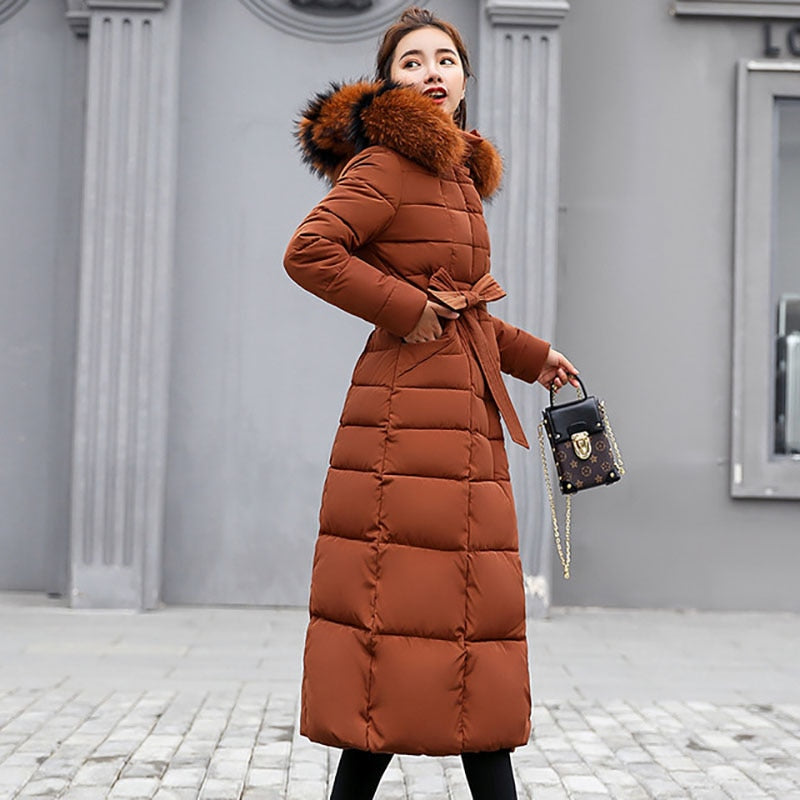 Ankle Length Down Coat For Women W/ Two Toned Fur Collar