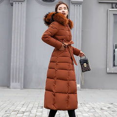 Ankle Length Down Coat For Women W/ Two Toned Fur Collar