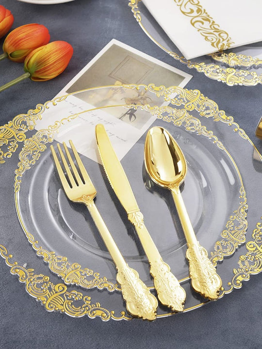 60 Piece - Clear Gold Plastic Dinner Table Set