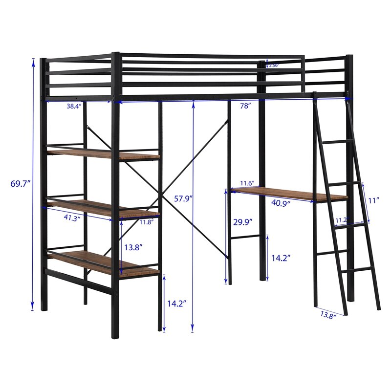 Multi Use Single Layer Twin Bunkbed With Shelves And Desk