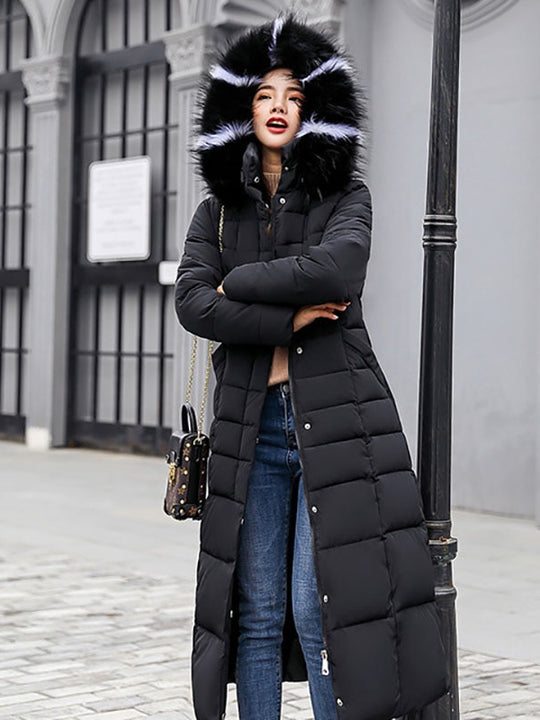 Ankle Length Down Coat For Women W/ Two Toned Fur Collar