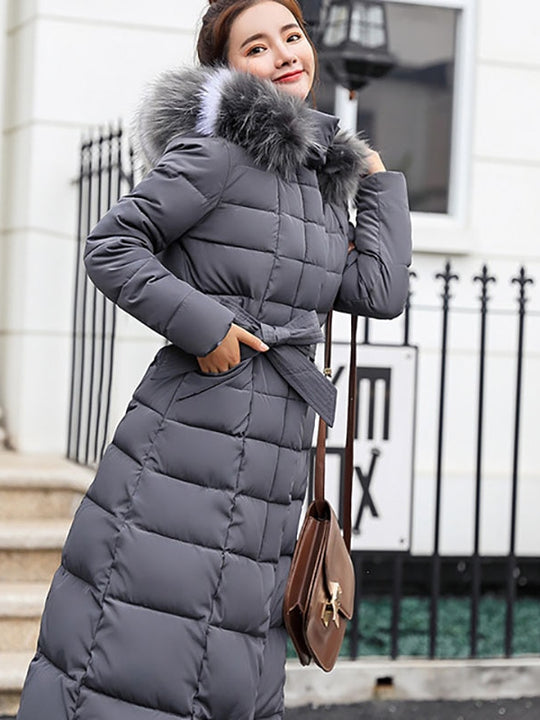 Ankle Length Down Coat For Women W/ Two Toned Fur Collar