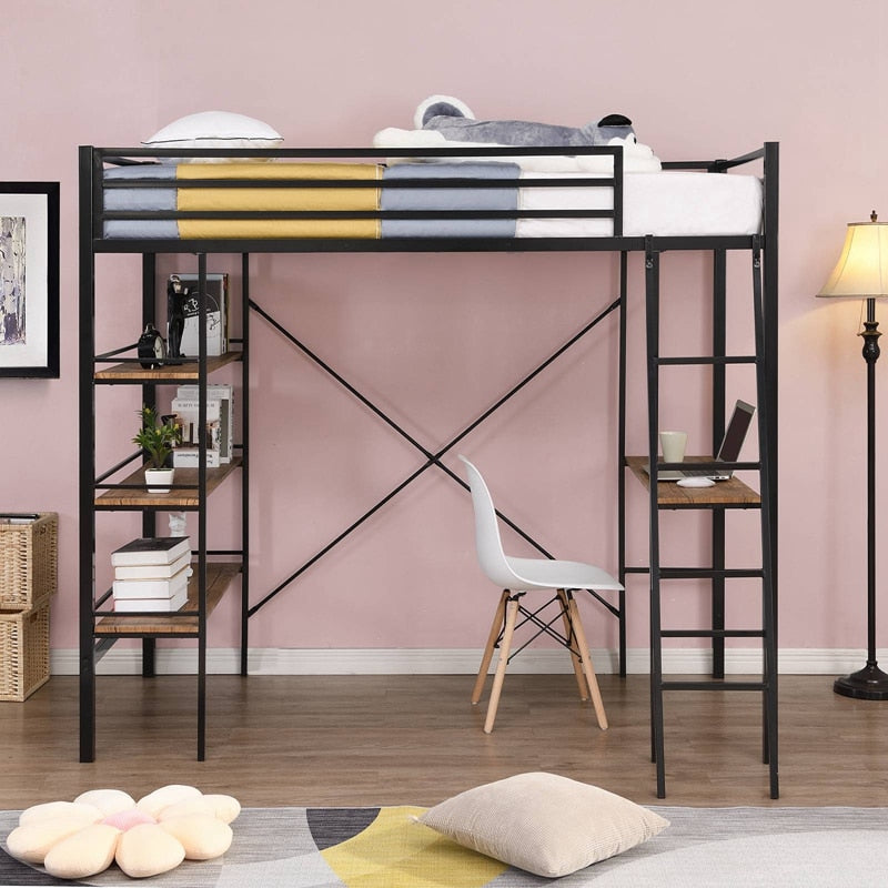 Multi Use Single Layer Twin Bunkbed With Shelves And Desk