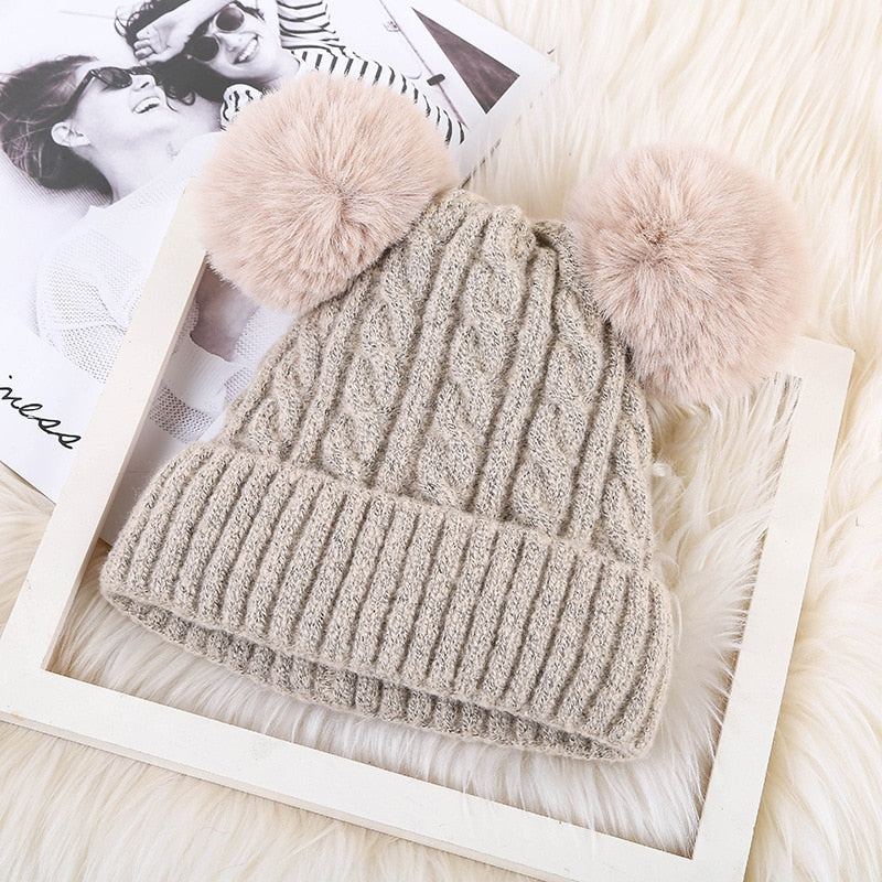 Faux Fur Double Pom Pom Hat