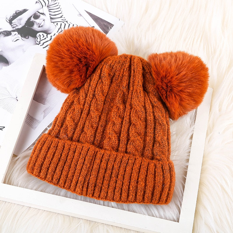 Faux Fur Double Pom Pom Hat