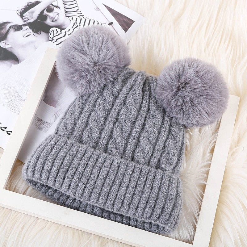 Faux Fur Double Pom Pom Hat