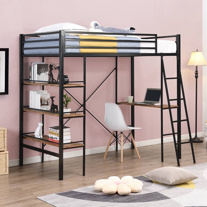 Multi Use Single Layer Twin Bunkbed With Shelves And Desk