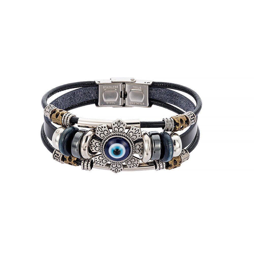 Vintage Evil Eye Leather And Stainless Steel Leather Bracelet