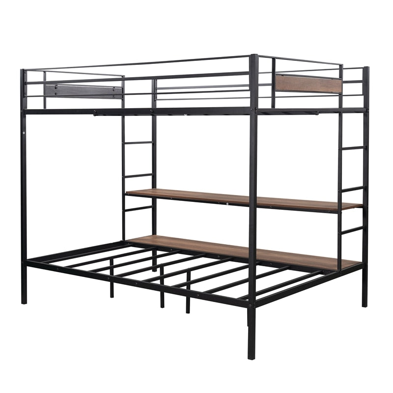 Metal Full Size Over Twin Bunk Bed With Shelves