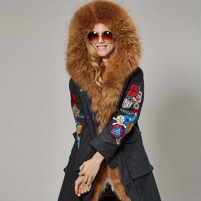 "Rocky The Raccoon" Embroidery Winter Coat For Women