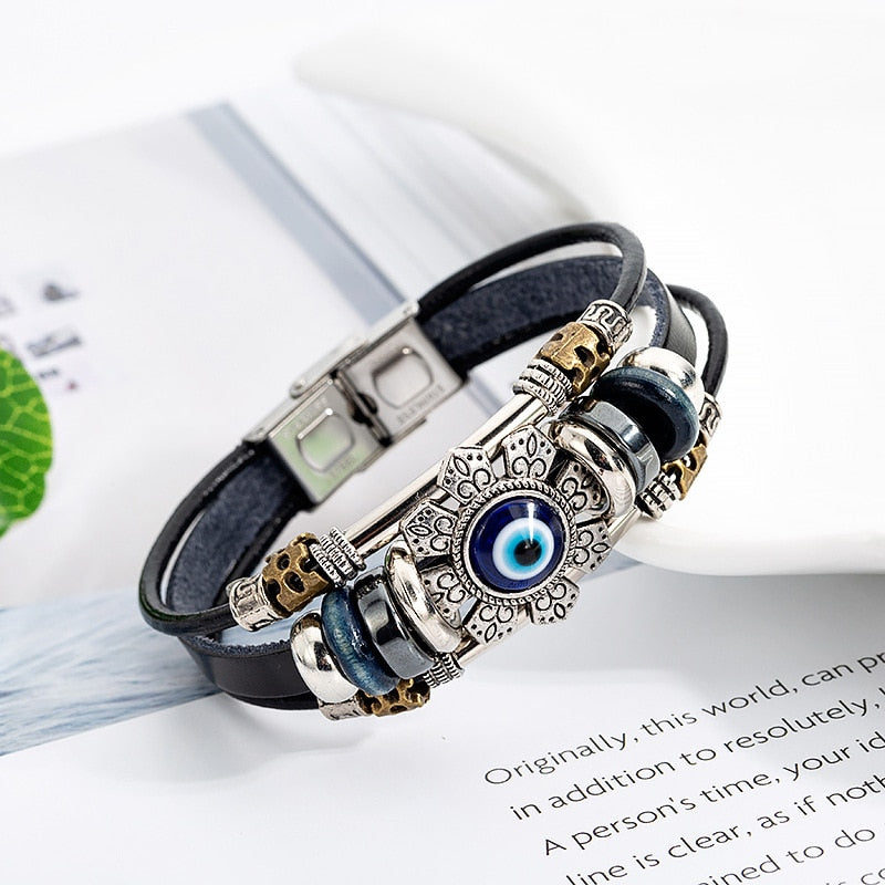 Vintage Evil Eye Leather And Stainless Steel Leather Bracelet