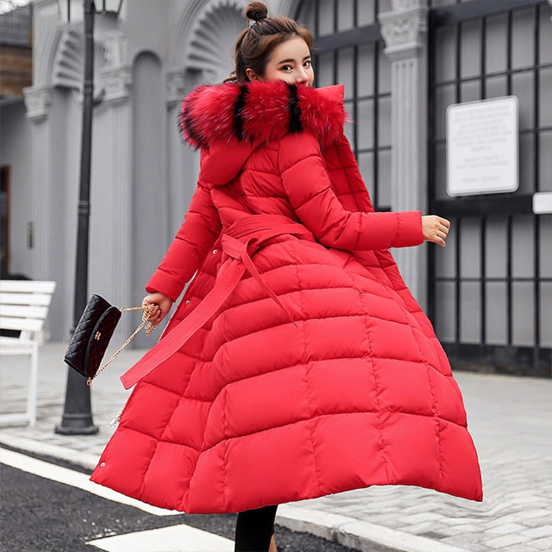 Ankle Length Down Coat For Women W/ Two Toned Fur Collar