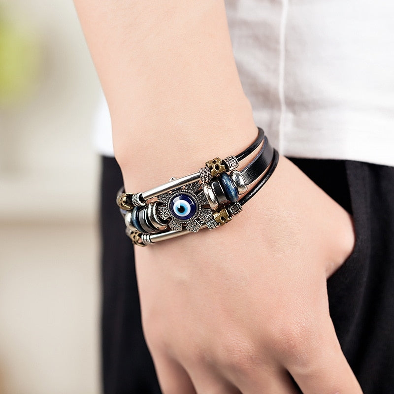 Vintage Evil Eye Leather And Stainless Steel Leather Bracelet